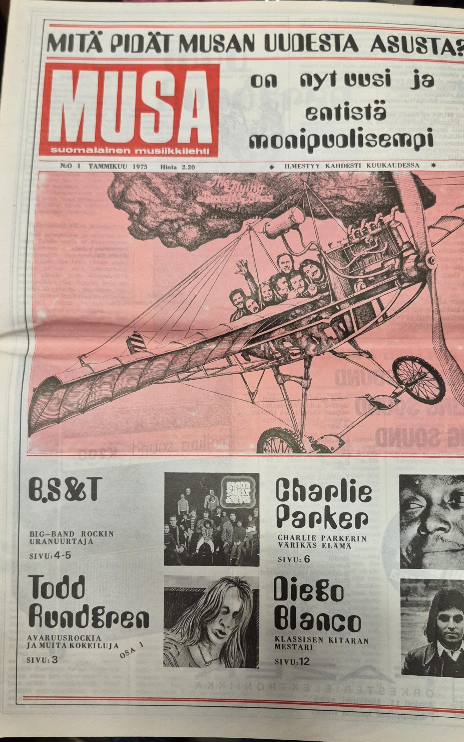 Musa-suomalainen musiikkilehti N:o 1 Tammikuu 1975 : B.S and T big-band rockin uranuurtaja, Charlie Parker, Todd Rundgren, Diego Blanco
