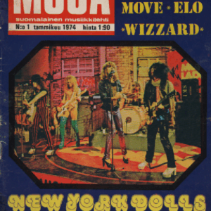 Musa suomalainen musiikkilehti N:o 1 Tammikuu 1974 : The storyof Roy Wood, Move, Elo, Wizzard, New York Dolls äänetystulokset