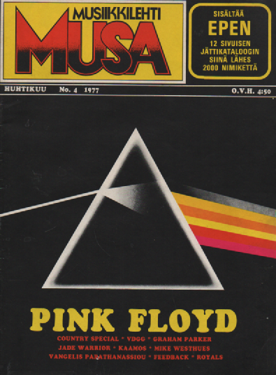 Musa-lehti N:o 4 Huhtikuu 1977 : Pink Floyd, Country Special, VDGG, Graham Parker, Jade Warrior, Kaamos, Mike Westhues, Vangelis Parathanassiou, Feedback, Royals