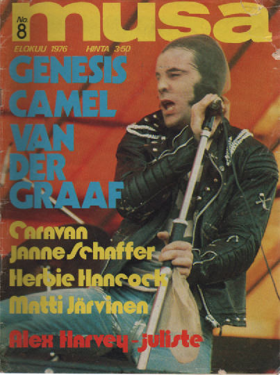 Musa-lehti N:o 8 Elokuu 1976 : Genesis, Camel, Van Der Garaf Carvan, Janne Schaffer, Herbie Hancock, Matti Järvinen, Alex Harvey-juliste