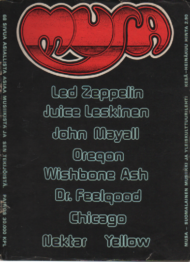 Musa-suomalainen musiikkilehti N:o 6-7 Kesä-Heinäkuu 1975 : Led Zeppelin, Jice Leskinen, John Mayall, Oregon, Wishbone Ash, Dr. Feelgood, Chicago, Nektar, Yellow